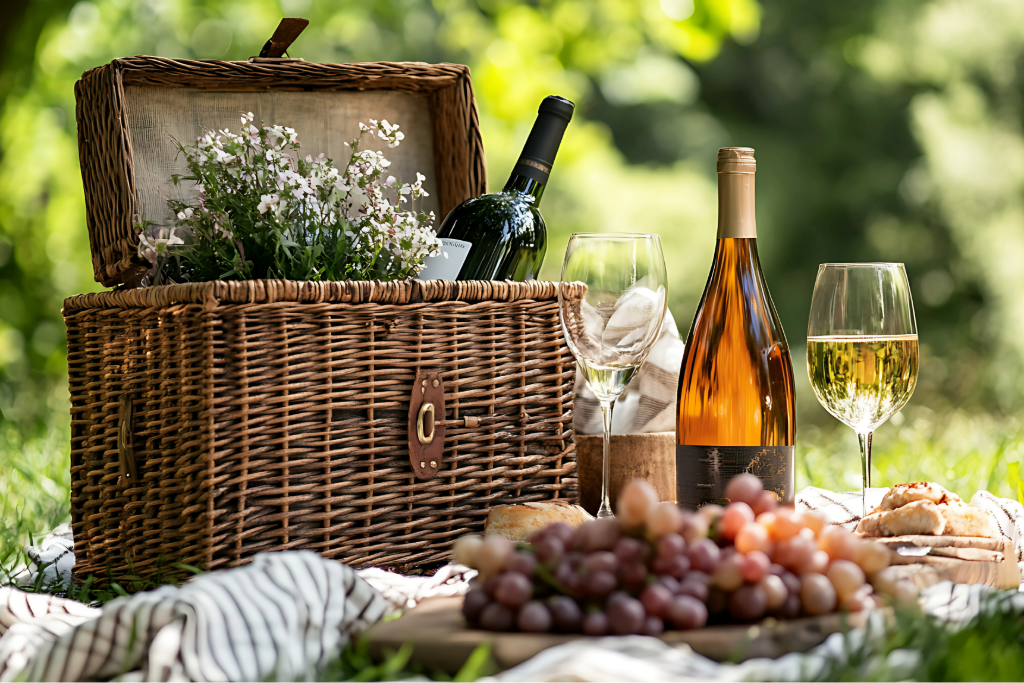 Un panier de pique-nique en osier ouvert, contenant des fleurs, une bouteille de vin rouge et une bouteille de vin blanc, avec deux verres de vin posés à côté. En bas, un plateau de raisins et des pâtisseries.